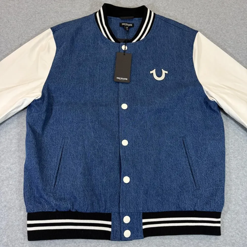 True Religion Mens Quad Buddha Denim Varsity Jacket Bomber Blue White L $239 NWT